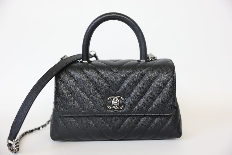 Chanel Coco Handle Mini, Black Caviar Leather with Silver Hardware, Preowned in Box WA001