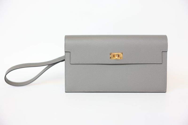 Hermes Kelly Pocket Long Wallet Wristlet, Gris Meyer Epsom Leather with Gold Hardware W 2024, New in Box WA001