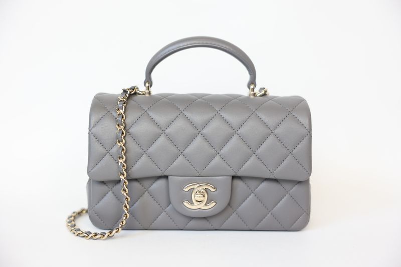 Chanel Top Handle Mini Rectangular, Grey Lambskin Leather with Gold Hardware, Preowned in Box WA001
