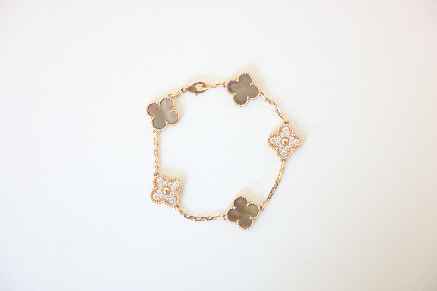Van Cleef &amp; Arpels Vintage Alhambra 5 Motifs Bracelet, Gray Mother of Pearl 18K Rose Gold with Diamond Centers, Preowned WA001