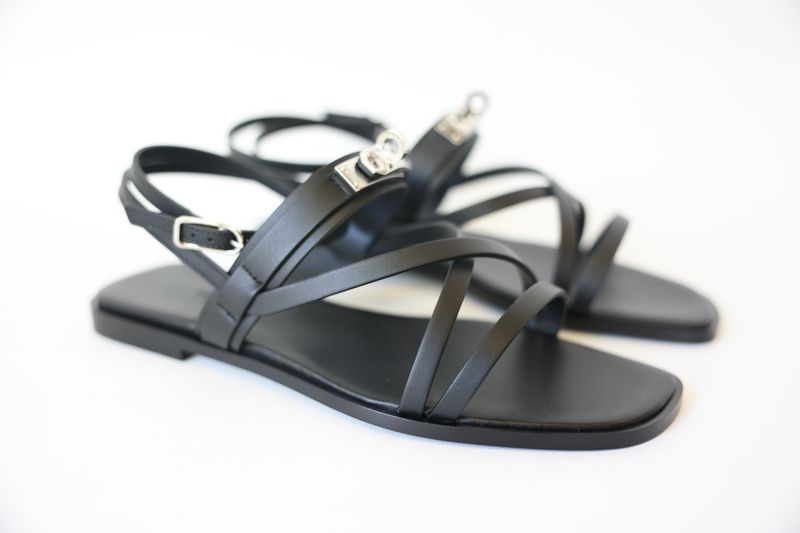 Hermes June Sandals Size 39, Black Calfskin Leather with Palladium Hardware, New in Box WA001