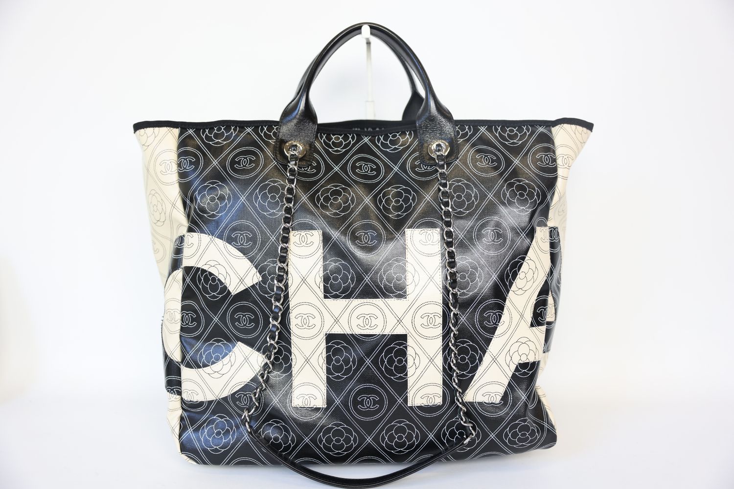 Chanel Camellia Large Shopping Tote, Black Beige  Coated Canvas with Gold Hardware, Preowned in Box WA001