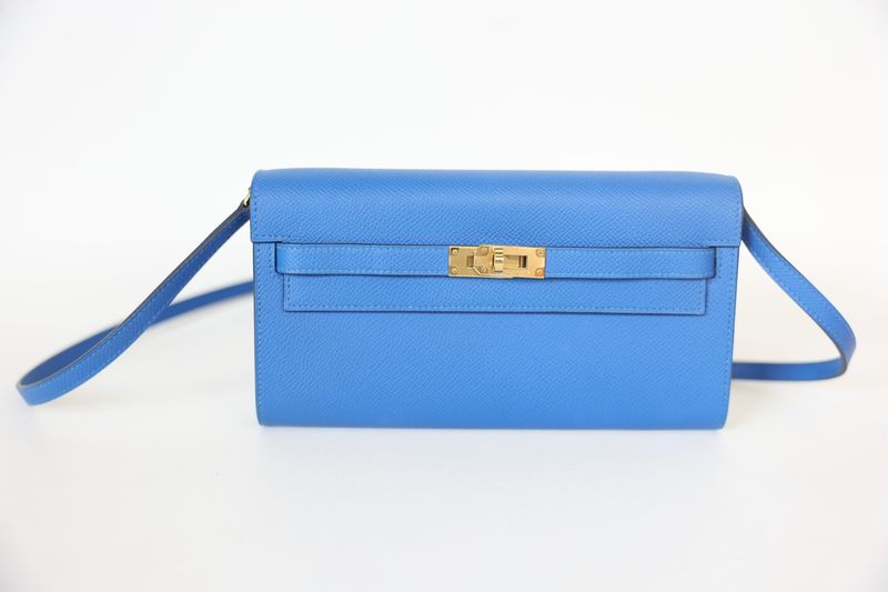 Hermes Kelly To Go, Blue Zanzibar Epsom with Gold Hardware, Preowned in Box WA001