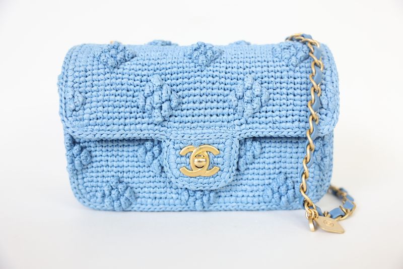 Chanel Seasonal Mini Rectangular Flap, Blue Raffia with Gold Hardware, Preowned in Box WA001