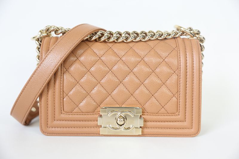 Chanel Boy Small, Brown Caviar with Gold Hardware, Preowned in Dustbag WA001