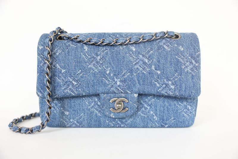 Chanel Medium Double Flap, Blue Denim with Faded Quilted Print and Ruthenium Hardware, Preowned in Dustbag WA001