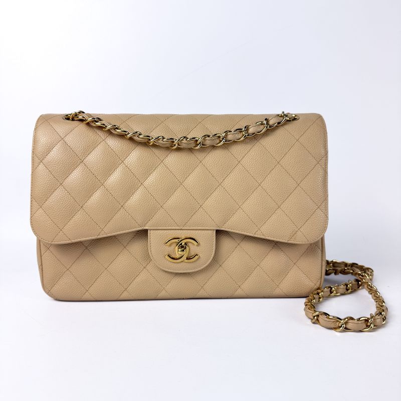 Chanel Classic Jumbo, Beige Caviar with Gold Hardware, Preowned in Box CMA001