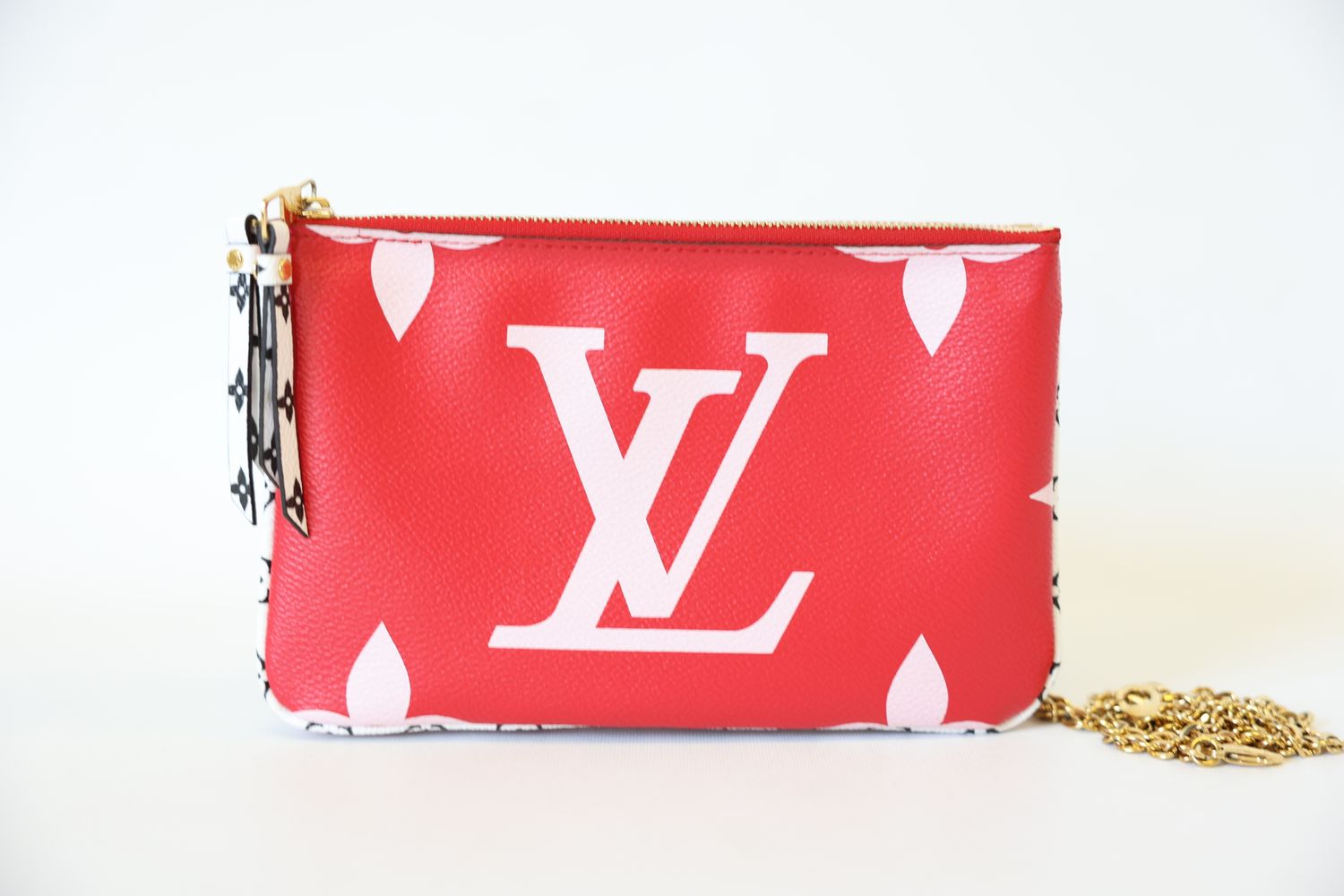 Louis Vuitton Double Zip Pochette, Red, Pink Giant Monogram with Gold Hardware, Preowned in Box WA001