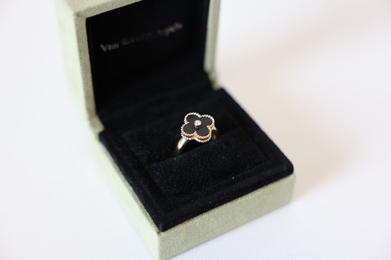 Van Cleef &amp; Arpels VCA Vintage Alhambra Ring, 18k Yellow Gold with Diamond and Black Onyx, Size 53, Preowned in Box WA001