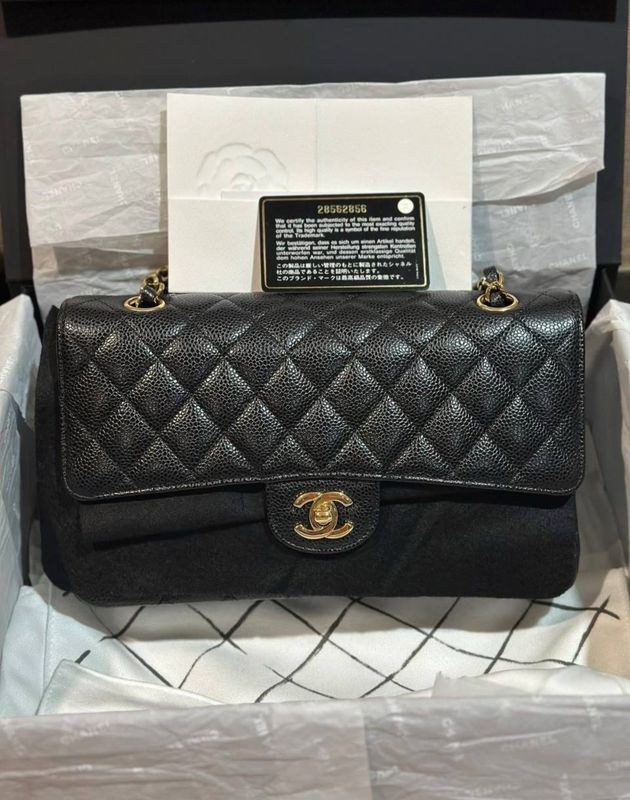 Preorder Chanel Classic Flap, Medium, Black Caviar Leather. series 28, Preowned in Box CC001