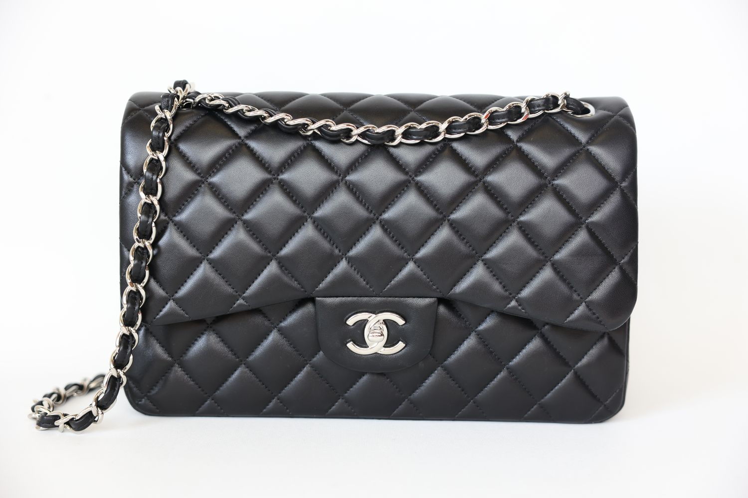 Chanel Classic Jumbo, Black Lambskin with Silver Hardware, Preowned WA001
