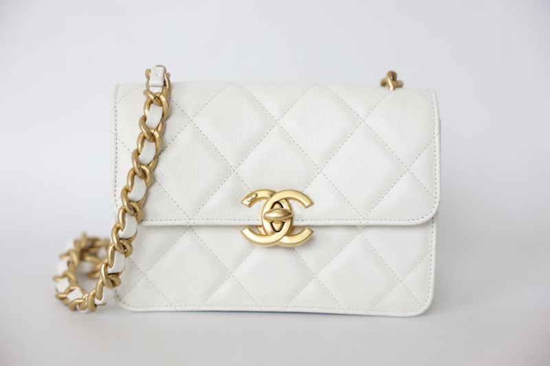 Chanel CC Flap 24A Mini Bag, White Caviar with Gold Hardware, Preowned in Box WA001