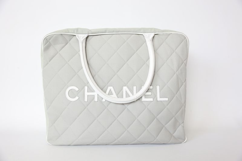 Chanel Bowler Large Tote, Light Gray Quilted Canvas and White Leather with Silver Hardware, Preowned WA001