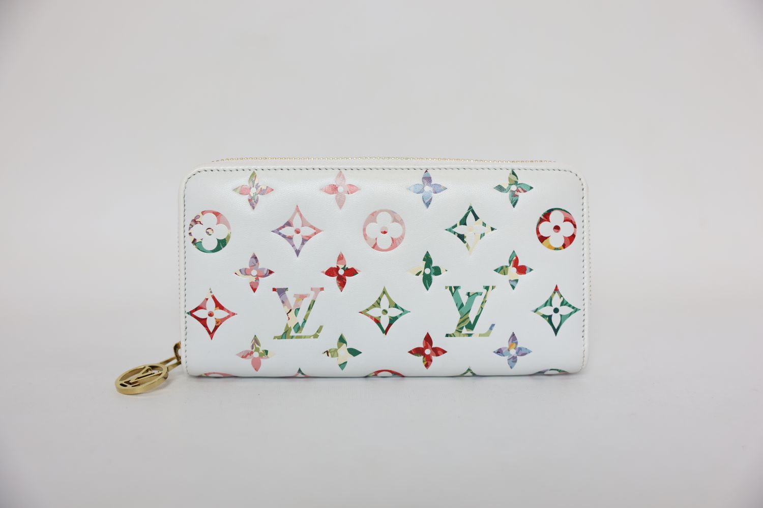 Louis Vuitton Zippy Long Wallet, White Leather with Monogram Garden and Gold Hardware, Preowned in Box WA001