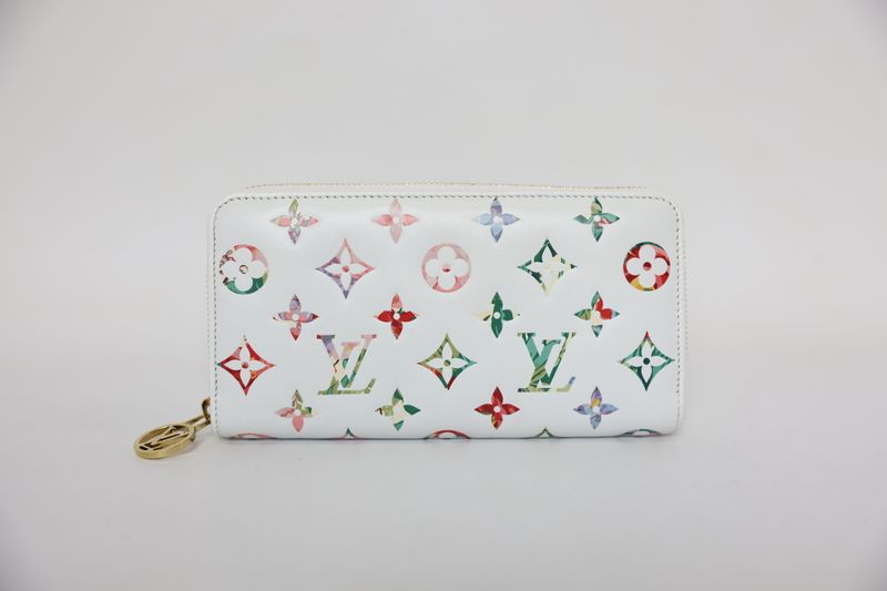 Louis Vuitton Zippy Long Wallet, White Leather with Monogram Garden and Gold Hardware, Preowned in Box WA001