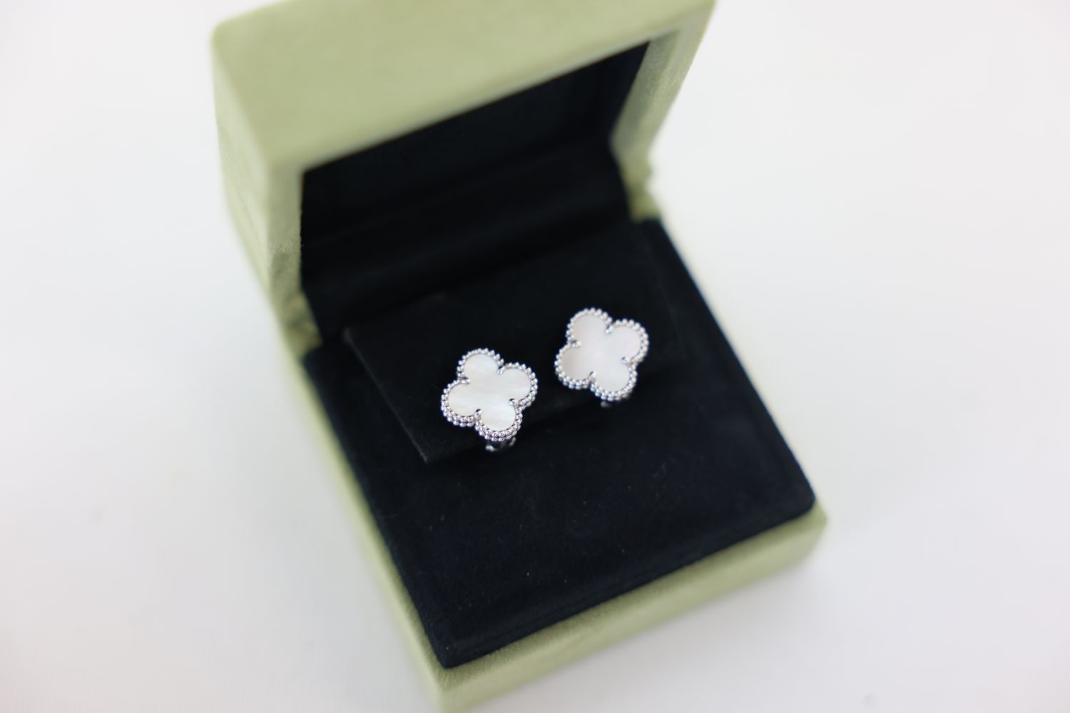 Van Cleef &amp; Arpels Vintage Alhambra Earrings, 18k White Gold with Mother of Pearl, New in Box WA001