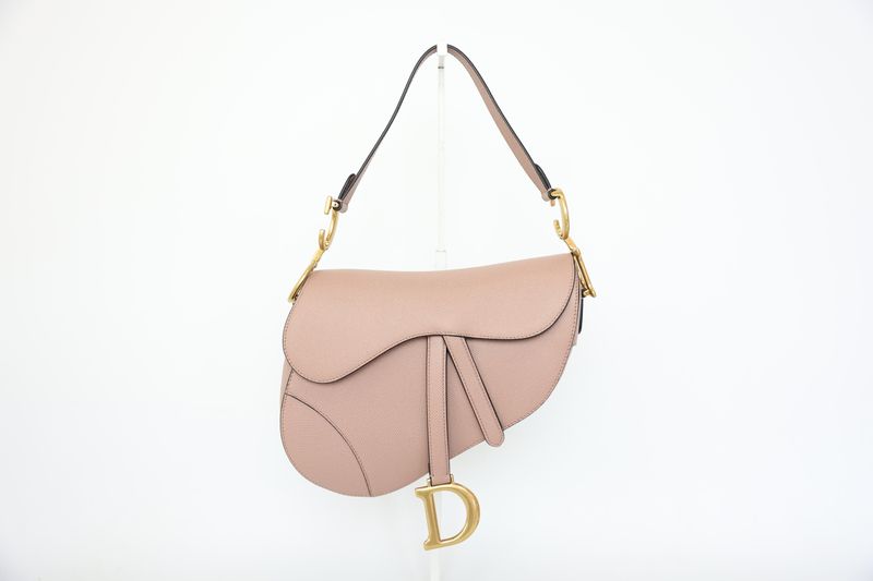 Christian Dior Saddle Bag in Medium, Beige Grained Calfskin with Gold Hardware, Preowned in Box WA001