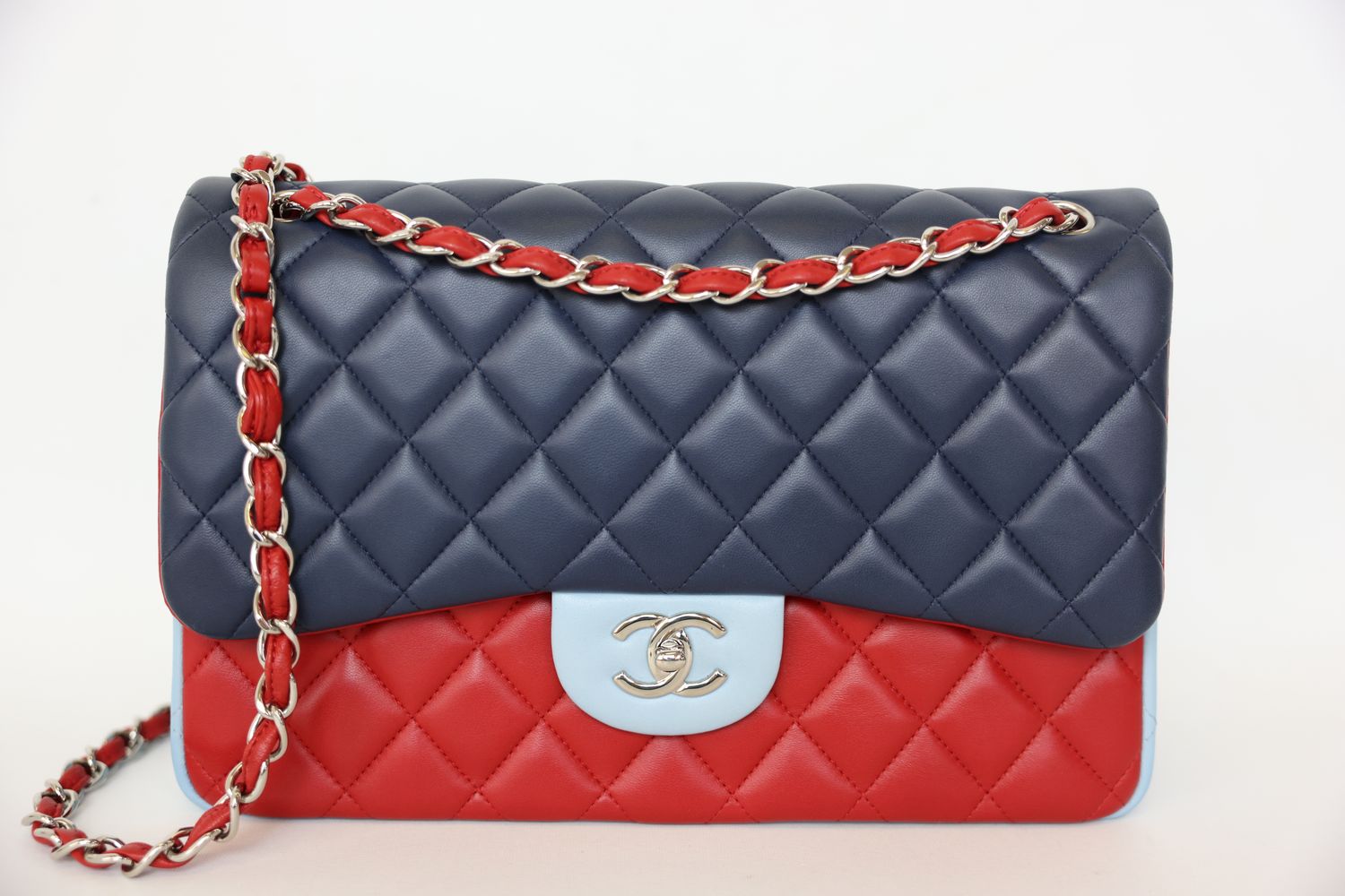 Chanel Classic Jumbo, Red and Blue Lambskin with Silver Hardware, Preowned in Box WA001