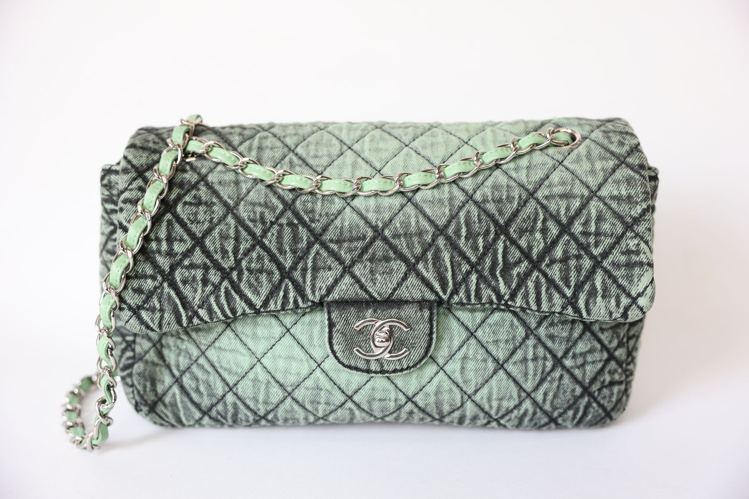 Chanel Denimpression Flap Large, Green and Black Quilted Denim with Silver Hardware, Preowned in Dustbag WA001