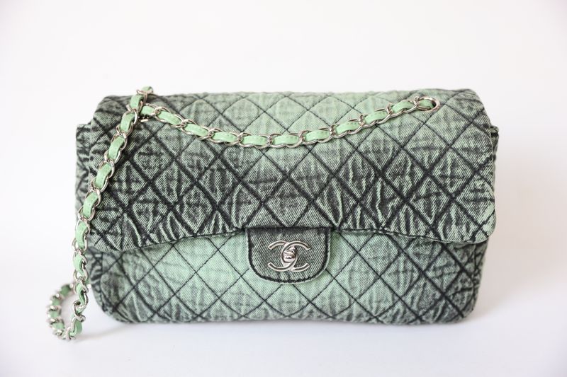 Chanel Denimpression Flap Large, Green and Black Quilted Denim with Silver Hardware, Preowned in Dustbag WA001