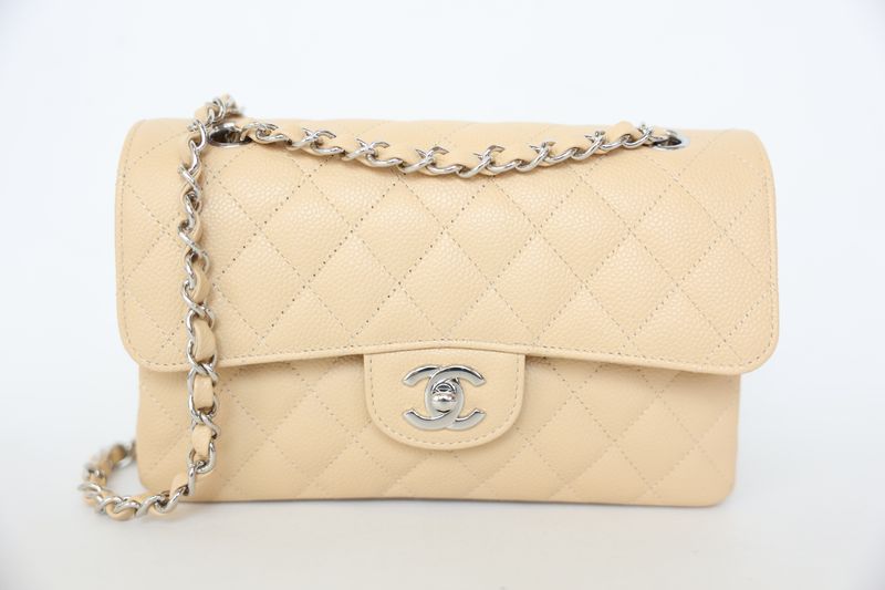 Chanel Classic Small, Beige Caviar with Silver Hardware, Preowned in Box WA001