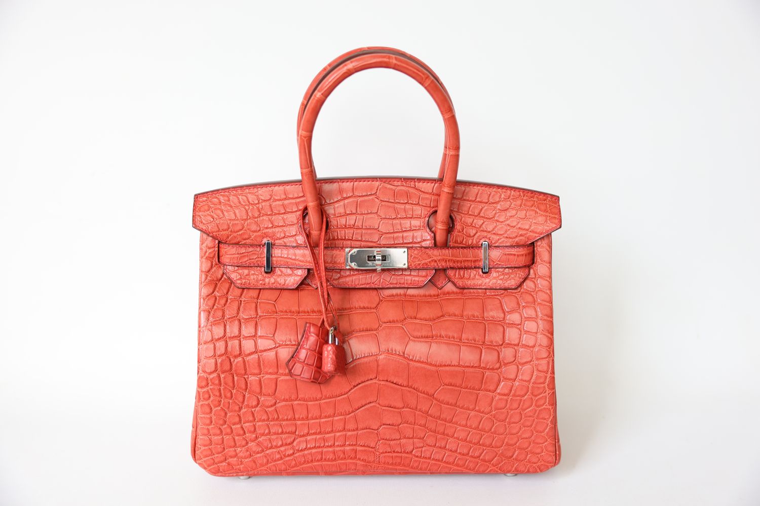 Hermes Birkin 30, Red Vermillion Matte Croc with Palladium Hardware, R in Square 2014 Stamp, Preowned in Box WA001