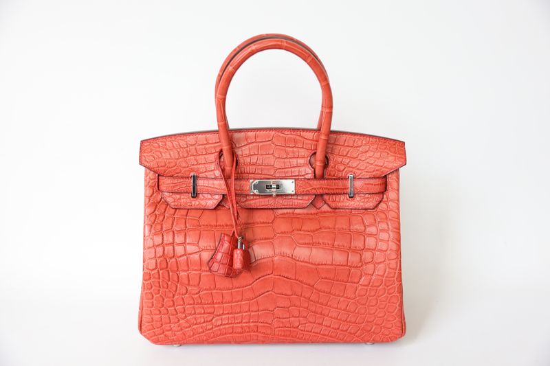 Hermes Birkin 30, Red Vermillion Matte Croc with Palladium Hardware, R in Square 2014 Stamp, Preowned in Box WA001