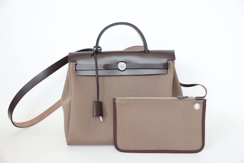 Hermes Herbag Zip 31, Etoupe Militaire Canvas and Ebène Hunter Cowhide with Palladium Hardware, Preowned in Box WA001