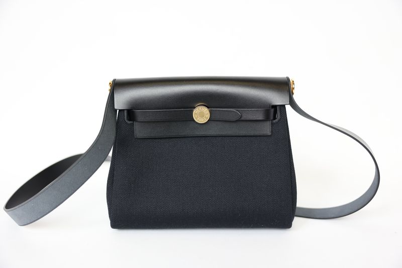 Hermes Herbag Zip 20 Mini, Black Militaire Canvas and Hunter Cowhide with Gold Hardware, Preowned in Box WA001