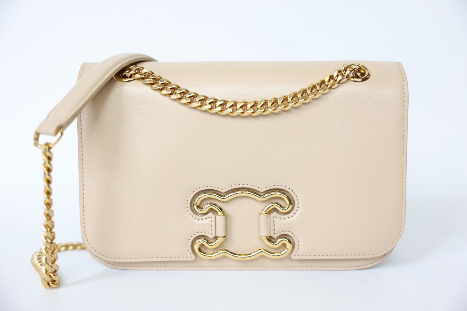 Celine Triomphe Frame Medium, Beige Calfskin with Gold Hardware, Preowned in Dustbag WA001