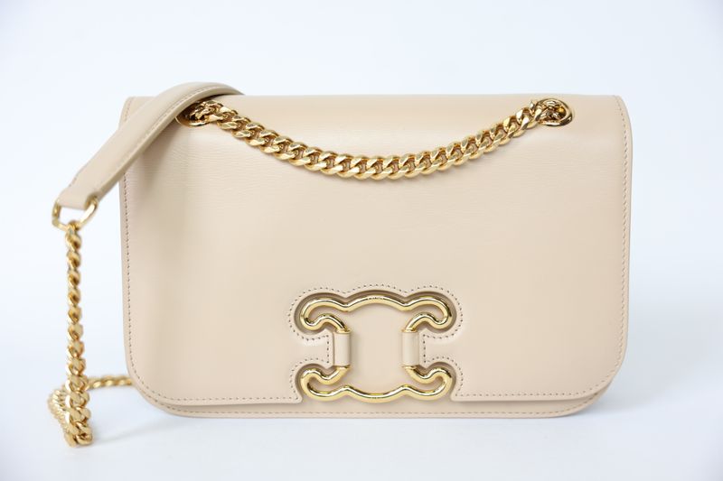 Celine Triomphe Frame Medium, Beige Calfskin with Gold Hardware, Preowned in Dustbag WA001
