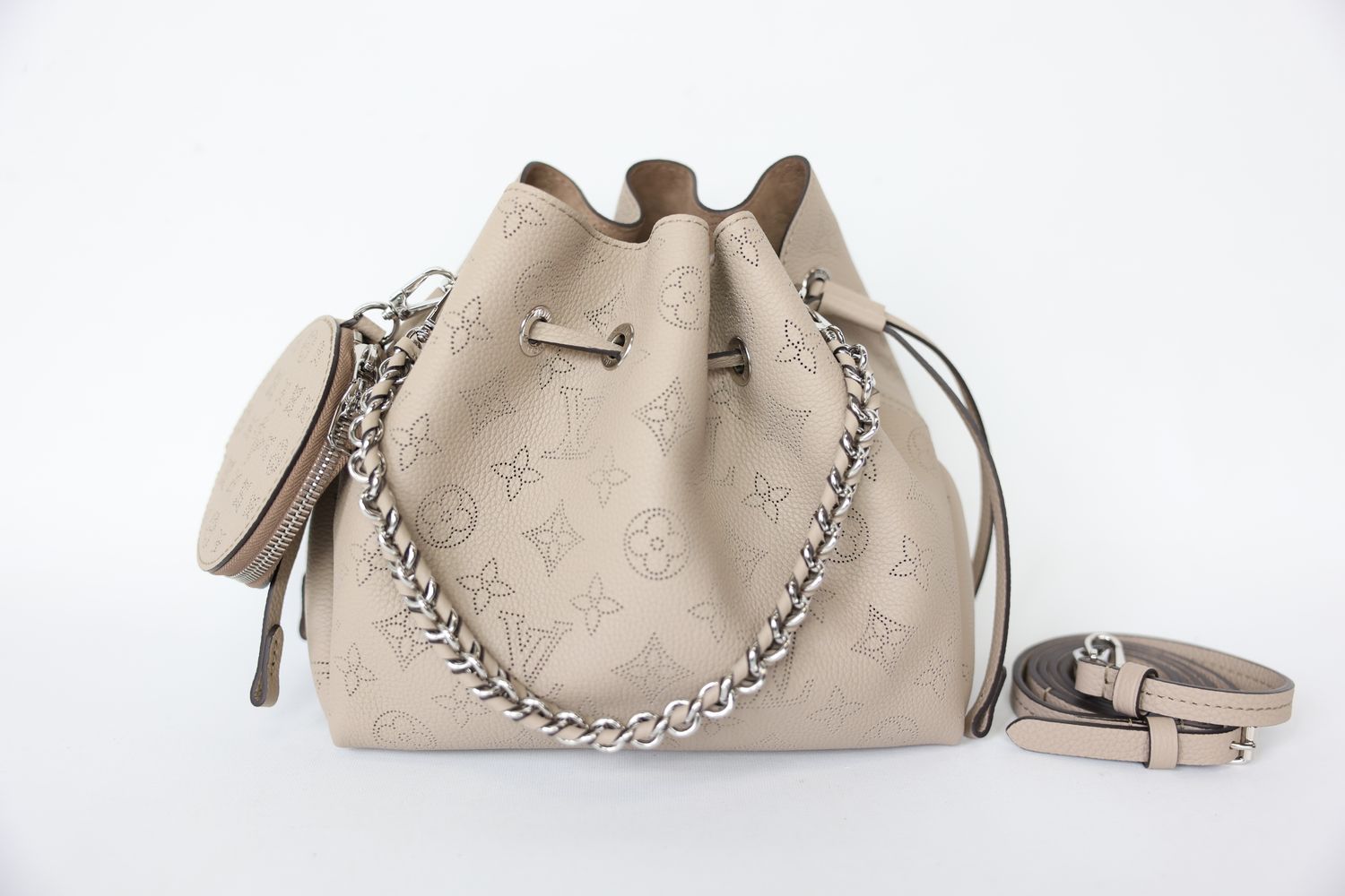 Louis Vuitton Bella Bucket Bag, Galet Gray Mahina Calf with Silver Hardware, New in Box WA001
