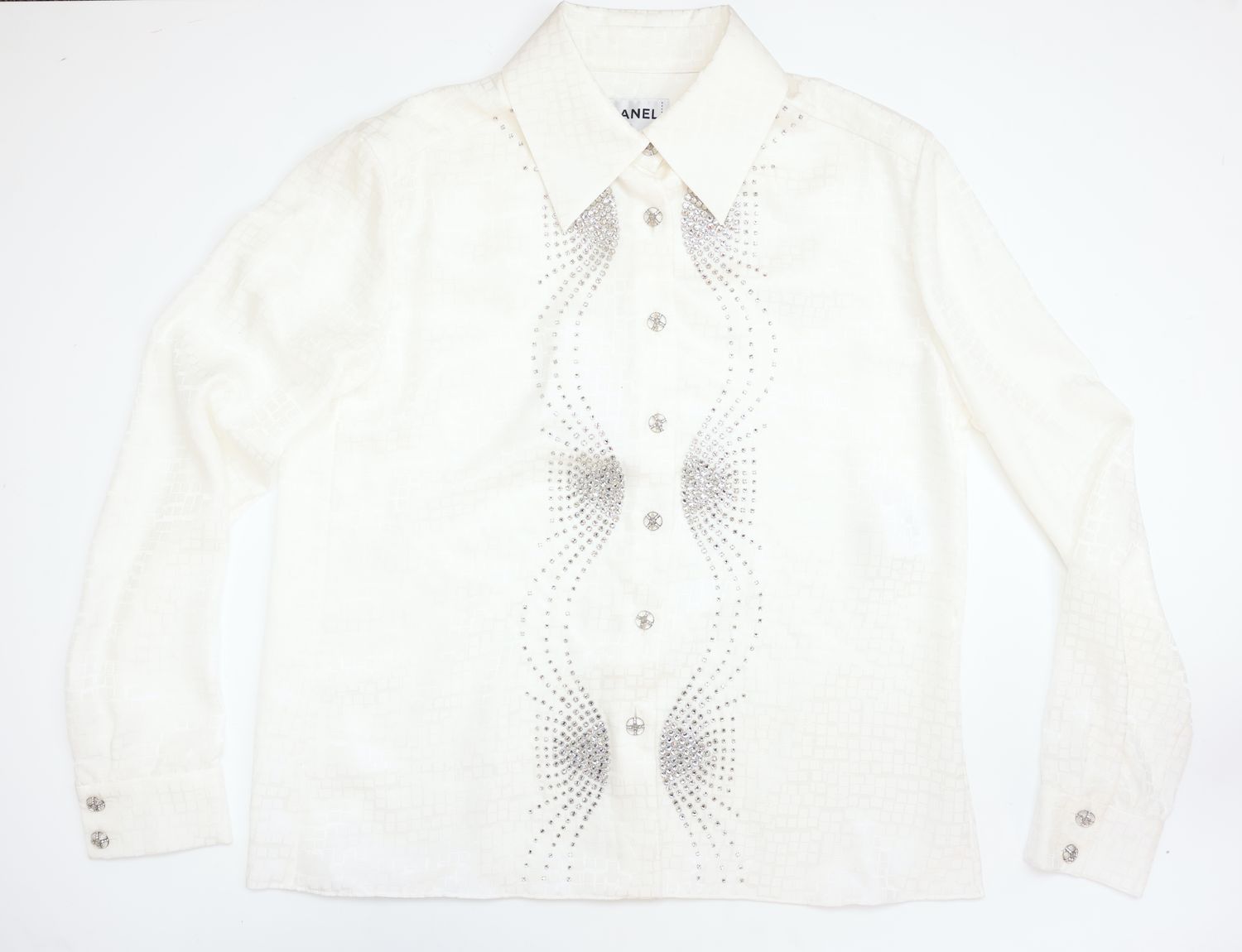 Chanel 24C Blouse, White Silk with Strass, Size 38, New WA001