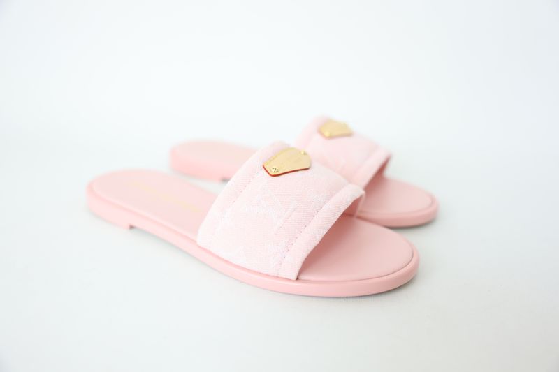 Louis Vuitton Lilly Flat Mules, Pink Monogram Denim and Leather, Size 37, New in Box WA001