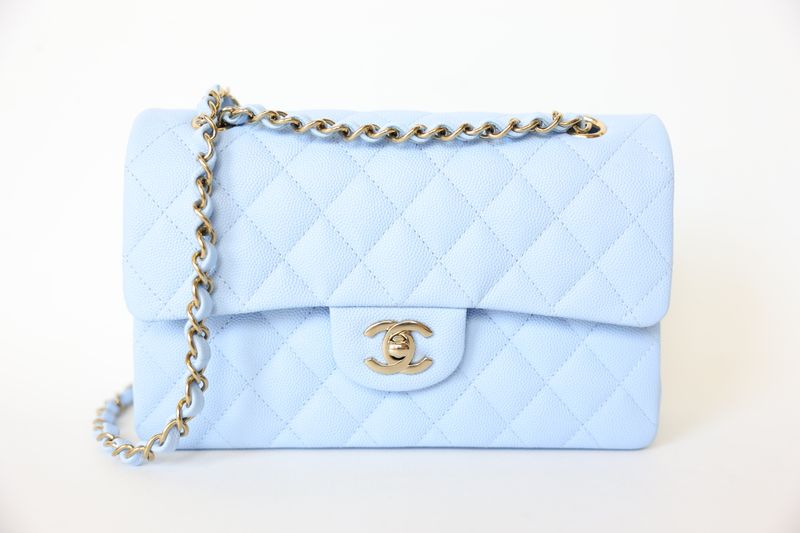 Chanel Classic Small, Light Blue Caviar with Gold Hardware, Preowned in Dustbag WA001