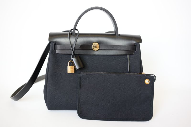 Hermes Herbag Zip 31, Black Militaire Canvas and Hunter  Cowhide with Gold Hardware, Preowned in Box WA001