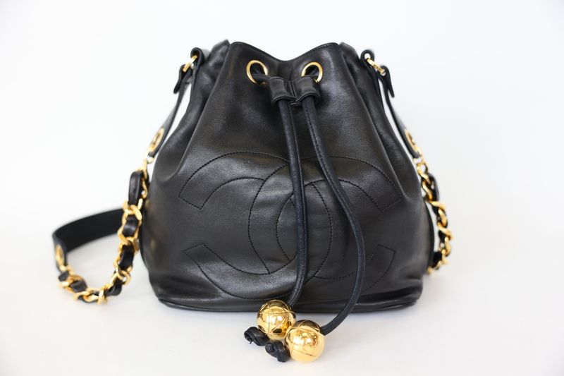 Chanel CC Drawstring Bucket Bag, Black Lambskin with Gold Hardware, Preowned WA001