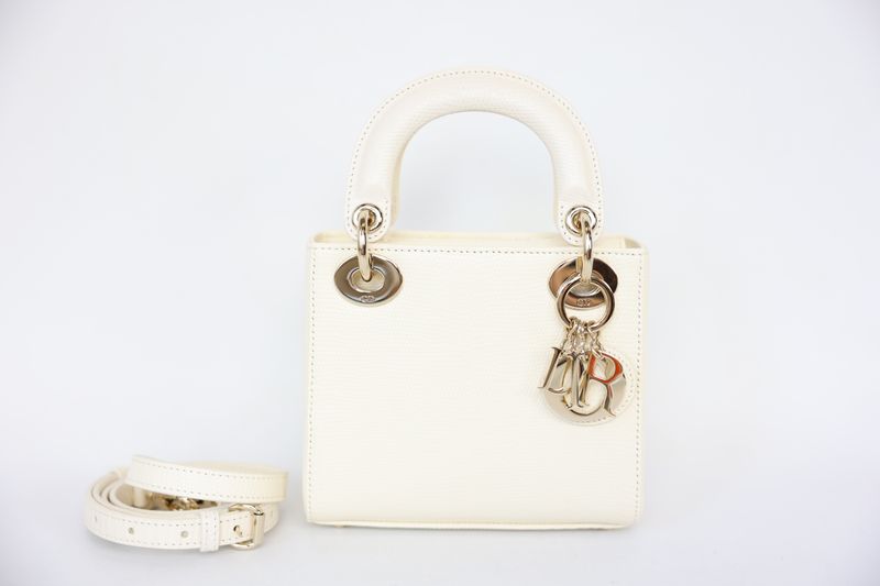 Christian Dior Lady Dior Mini, White Matte Lizard with Gold Hardware, Preowned in Dustbag WA001