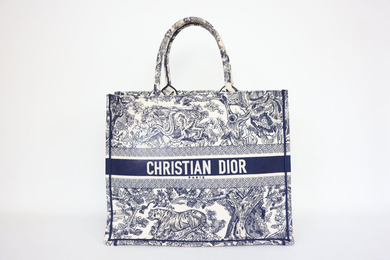 Christian Dior Book Tote in Large, Ecru and Blue Toile de Jouy Canvas, Preowned WA001