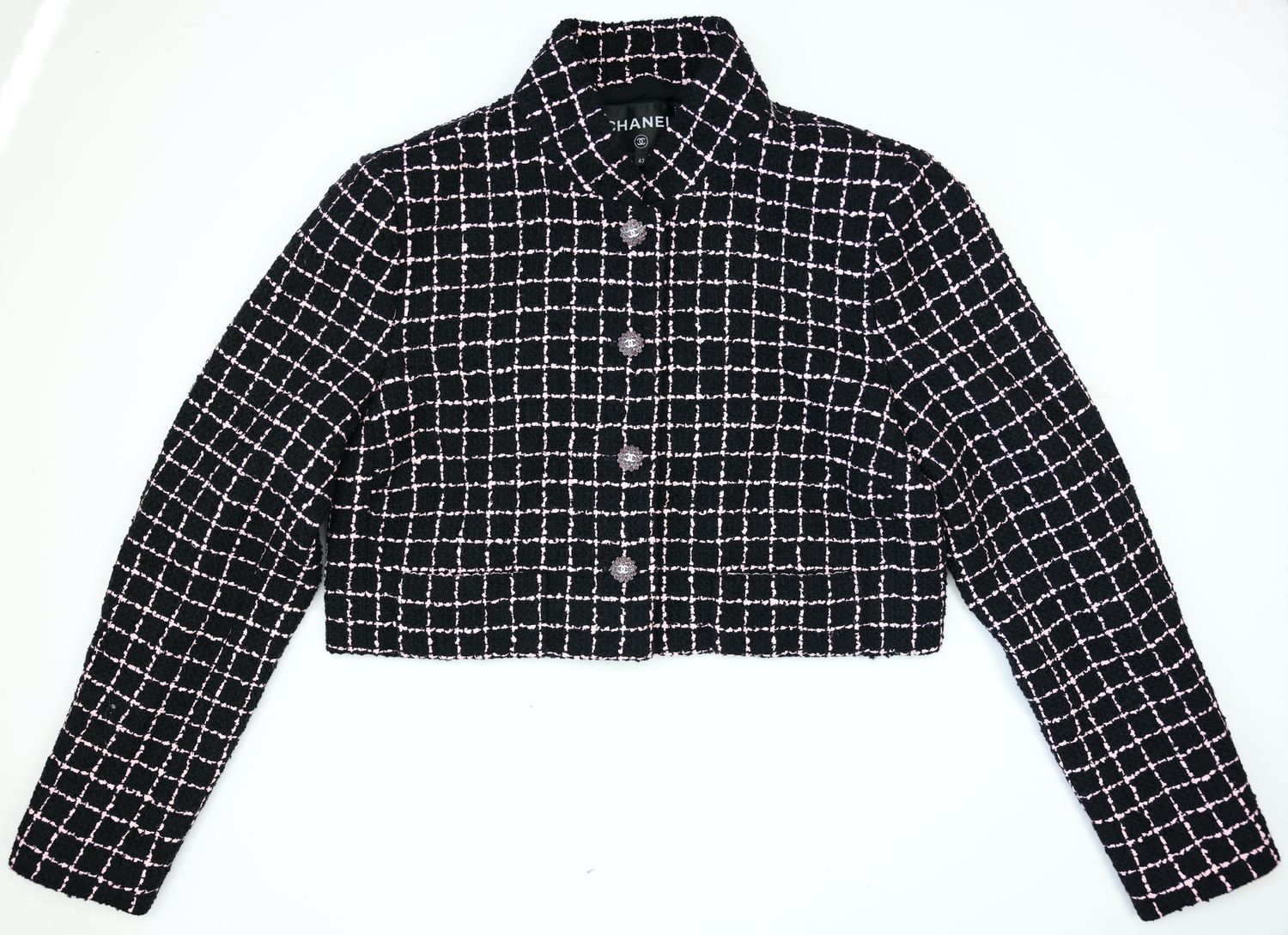 Chanel Check Blazer, Black with Pink Tweed, Size 42, Preowned in Dustbag WA001