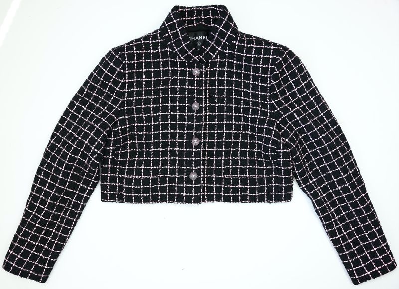 Chanel Check Blazer, Black with Pink Tweed, Size 42, Preowned in Dustbag WA001