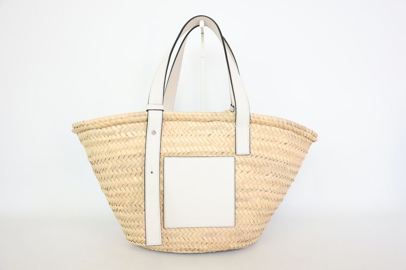 Loewe Basket Bag, Natural Palm Raffia and White Calfskin,  Preowned WA001