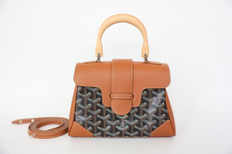 Goyard Saigon Top Handle Mini, Black Goyardine Canvas with Tan Leather, Preowned in Box WA001