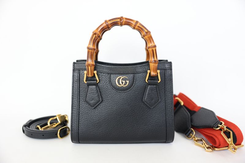 Gucci Diana Mini Tote, Black Leather with Bamboo Handle and Gold Hardware, Preowned in Box WA001