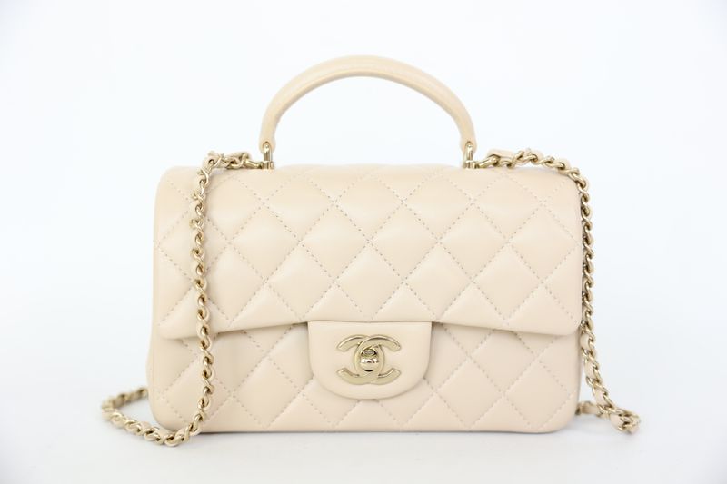 Chanel 25P Top Handle Mini, Beige Quilted Leather with Gold Hardware, New in Box WA001