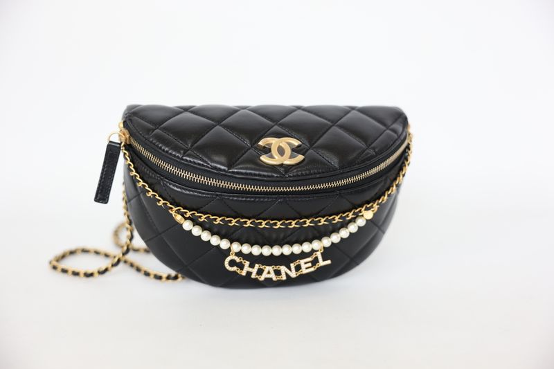 Chanel Pearl Waist Belt Bag, Black Quilted Lambskin and Gold Hardware, New in Box WA001
