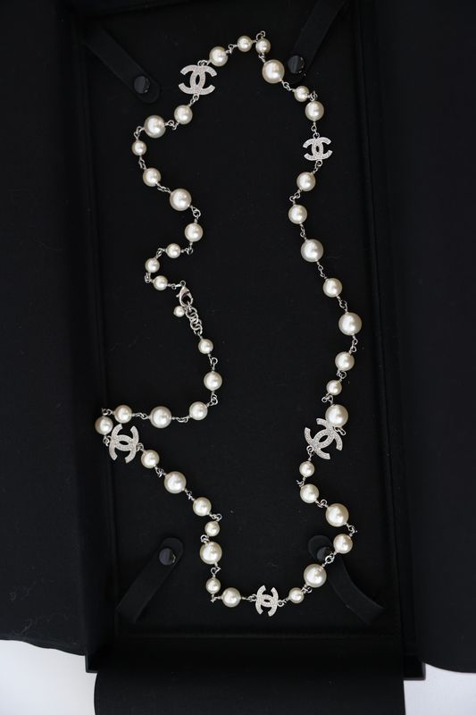 Chanel CC Necklace, Pearl with Crystal and Silver Hardware, Preowned in Box WA001