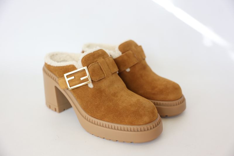 Fendi Feel Heeled Mules, Brown Suede and Sheepskin with Gold Hardware, Size 37.5, New in Box WA001
