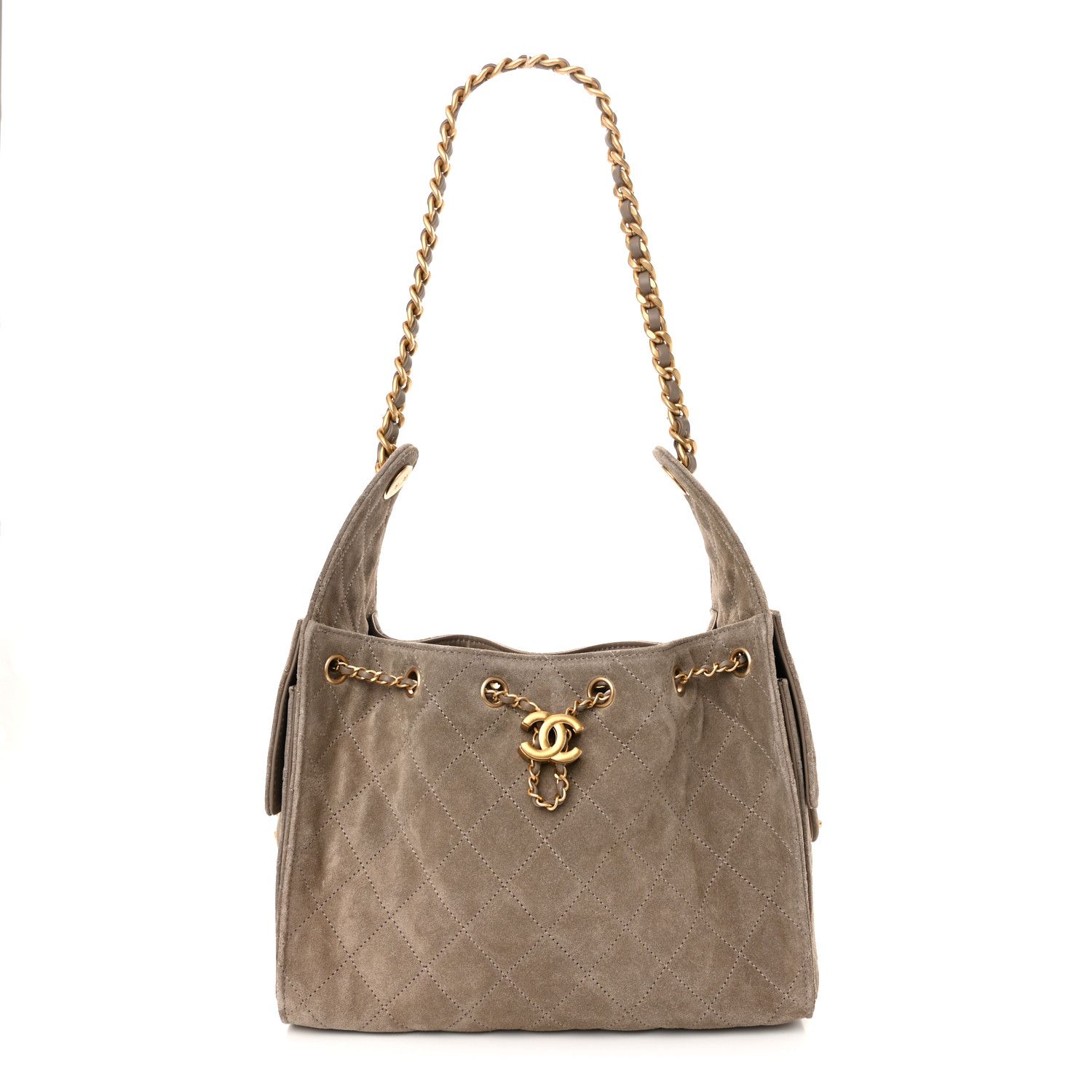 Chanel 25 Small, Gray Suede with Gold Hardware, New in Box, KJRB001