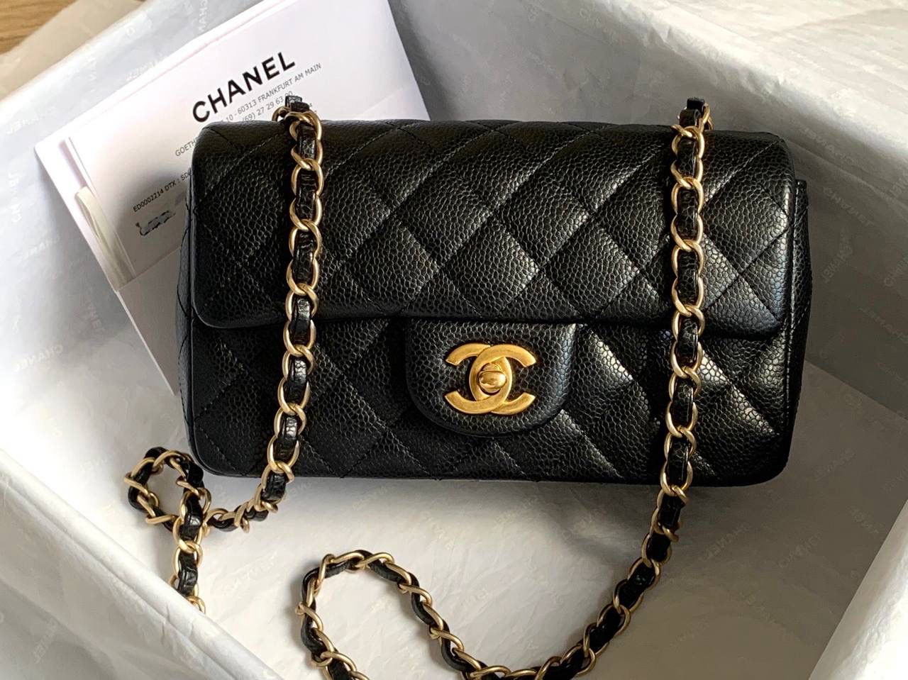 Preorder Chanel Classic Flap, Mini Rectangle, Black Caviar Leather, Gold Hardware, Preowned in Box CC001